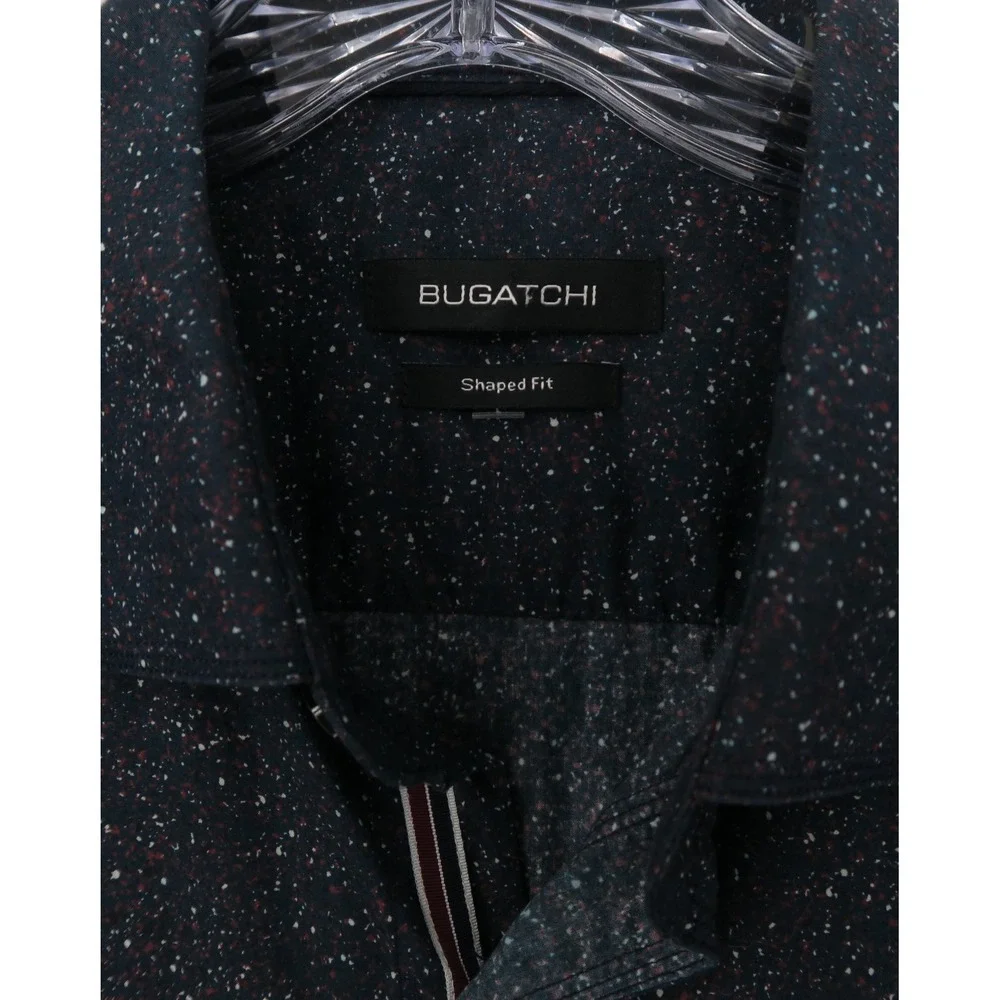 Bugatchi Mens‎ Shaped Fit Long Sleeve Button Down Shirt Navy Speckle Print Large